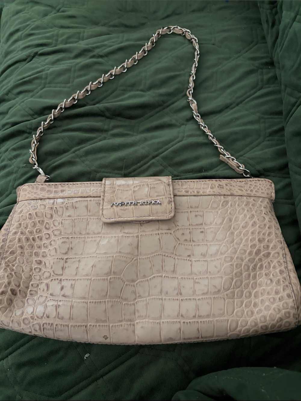Judith Ripka crocodile embossed leather silver chain strap shoulder/ clutch.
